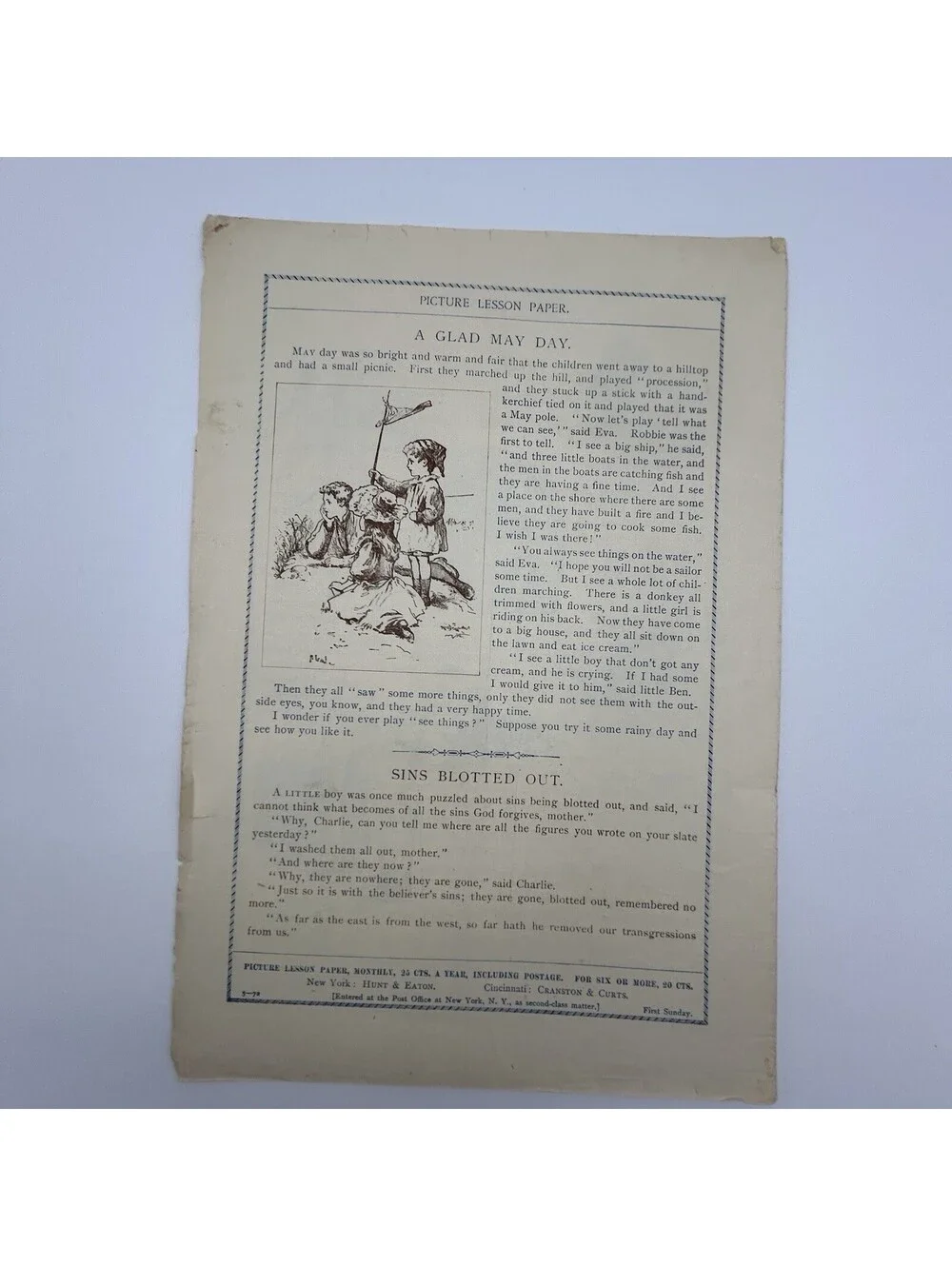 1892 Picture Paper Lesson Aug.7, 19th Century Children’s Religious Lesson    C22